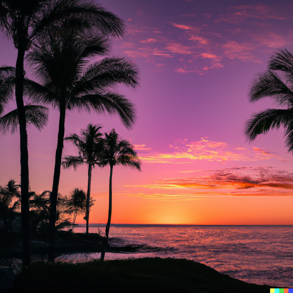 A peaceful beach scene with palm trees and a colorful sunset_V1.png